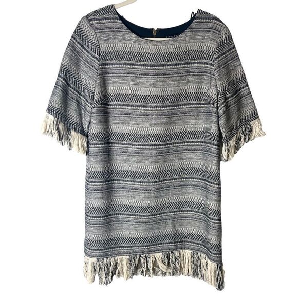 1.STATE Cotton Rustic Tweed Navy and White Fringe Dress - Picture 1 of 11